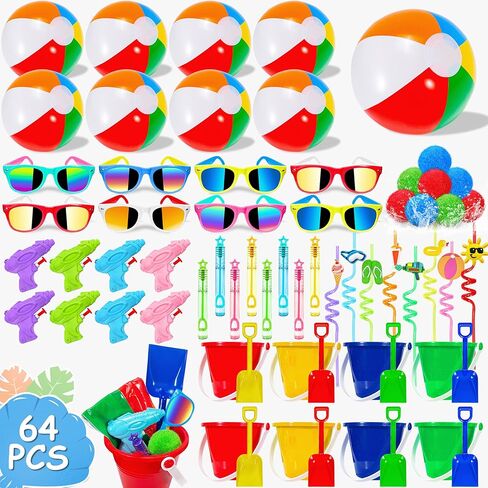 LINAYE Beach & Pool Party Favors - Kids' Summer Toys Bulk Including Beach Balls, Sand Buckets, Sunglasses, Drinking Straws, Bubble Wands Beach & Pool Party Supplies in Saudi Arabia