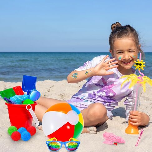 LINAYE Beach & Pool Party Favors - Kids' Summer Toys Bulk Including Beach Balls, Sand Buckets, Sunglasses, Drinking Straws, Bubble Wands Beach & Pool Party Supplies in Saudi Arabia