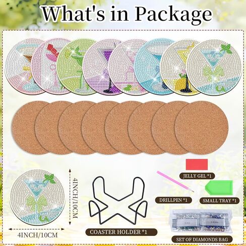 Martini Corktail Diamond Art Coasters - 8 Pcs Summer Martini Glass Diamond Painting Coasters Kit for Adult, 3D Gem Rhinestone Art Painting Kit for Women in Saudi Arabia