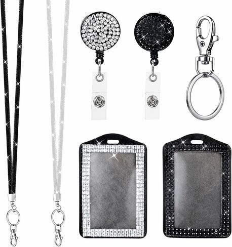 2 PCS Rhinestone Bling Lanyard with Id Badge Holder, Rhinestone Lanyard for Diamond Crystal Id Card Holder Crystal Retractable Badge Reel Neck Lanyard with Metal Clasp Key Ring for Women, White, Black in Saudi Arabia