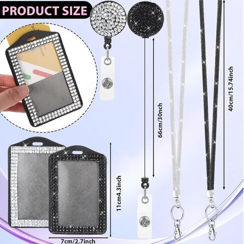2 PCS Rhinestone Bling Lanyard with Id Badge Holder, Rhinestone Lanyard for Diamond Crystal Id Card Holder Crystal Retractable Badge Reel Neck Lanyard with Metal Clasp Key Ring for Women, White, Black in Saudi Arabia