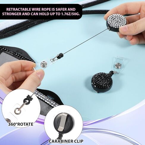2 PCS Rhinestone Bling Lanyard with Id Badge Holder, Rhinestone Lanyard for Diamond Crystal Id Card Holder Crystal Retractable Badge Reel Neck Lanyard with Metal Clasp Key Ring for Women, White, Black in Saudi Arabia