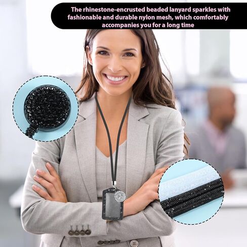 2 PCS Rhinestone Bling Lanyard with Id Badge Holder, Rhinestone Lanyard for Diamond Crystal Id Card Holder Crystal Retractable Badge Reel Neck Lanyard with Metal Clasp Key Ring for Women, White, Black in Saudi Arabia