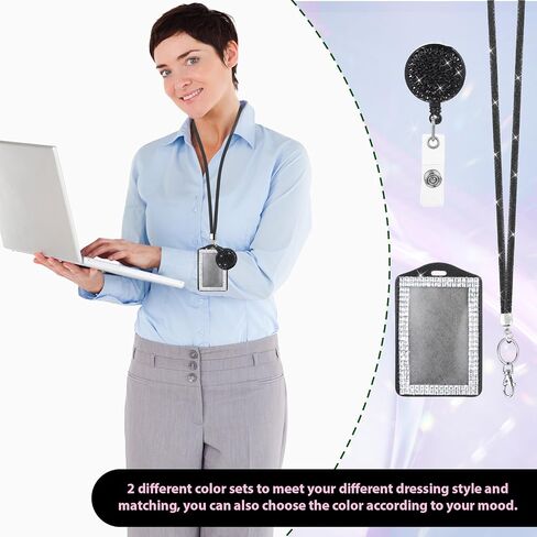 2 PCS Rhinestone Bling Lanyard with Id Badge Holder, Rhinestone Lanyard for Diamond Crystal Id Card Holder Crystal Retractable Badge Reel Neck Lanyard with Metal Clasp Key Ring for Women, White, Black in Saudi Arabia