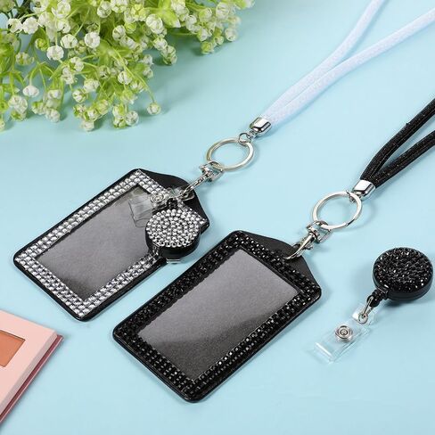 2 PCS Rhinestone Bling Lanyard with Id Badge Holder, Rhinestone Lanyard for Diamond Crystal Id Card Holder Crystal Retractable Badge Reel Neck Lanyard with Metal Clasp Key Ring for Women, White, Black in Saudi Arabia