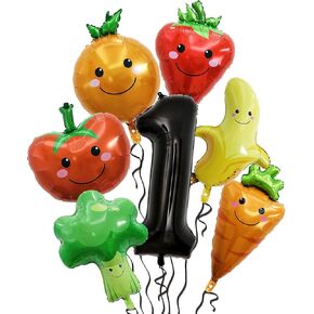 7Pcs Fruit Sensory 1st Birthday Party Decorations,Large 40" Black One Balloon for Dancing Fruit First Birthday Decorations,Cute Fruit & Vegetable Aluminum foil Helium Balloons for Girls Boys