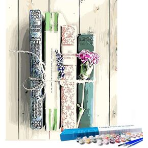 LikeyFactory Flowers and Old Books Paint by Numbers Kit for Adults – 16"x20" Rolled Canvas with Brushes & Acrylic Paints DIY Vintage Art Set