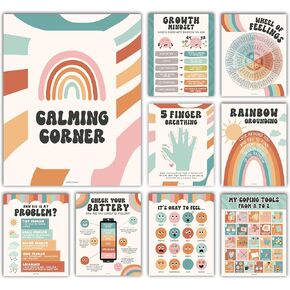 Hadley Designs 9 Calming Corner Posters For Classroom Must Haves For Teachers -11x14 Calm Down Corner Supplies, Feelings Chart For Kids Ages 4-8, Feelings Wheel Poster, Retro Classroom Decor