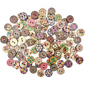 Decorative Wood Buttons, 200 Pack, 5/8 Inch, Vintage Pattern, 2 Holes, Mixed Colors (A-Style)