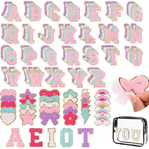 139 PCS Chenille Letter Patches Self-Adhesive for DIY,A-Z Stick On Varsity Letter Patch Mixed Color,Cute Rainbow Bowknot Flower Star Lightning Heart Alphabet Sticker for Clothes Hats Backpacks
