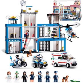 City Police Station Building Set, Headquarters Station, 4 Car Sets, Motorcycle, Police Helicopter, City Ambulance, Cop Patrol, 8 Police Minifigures, Compatible with Lego City 6-12 Boys Girls, 606pcs