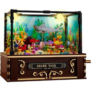 Fistone Fish Shark Tank Building Set for Kids & Adults, Lighting Aquarium Building Block Set, Includes Sharks, Seaweed and Crabs, Hand-Cranked Dynamic Animal Toy for Boys and Girls Ages 8+, 721pcs