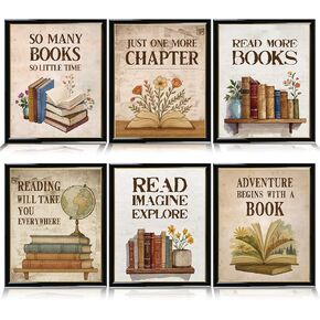 Shejdgart Reading Posters Classroom Decor - 6 Pcs Vintage Motivational Posters for Classroom Reading Corner Decor, Book Club Library Wall Art Decorations, Elementary School Bulletin Board Decorations