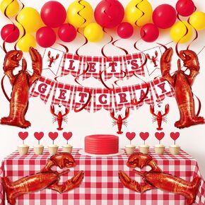 Juexica 44 Pcs Crawfish Birthday Party Decorations Lobster Banner Includes 54 x 108 Inch Lobsters Tablecloth Balloon Banner with Hanging Swirls for Crawfish Seafood Boil Party Supplies