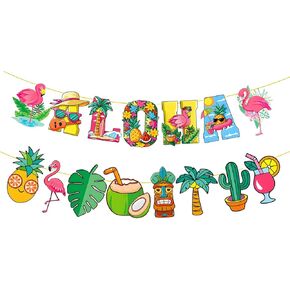 Summer Party Happy Birthday Banner Tropical Luau Flamingo Palm Leaf Aloha Theme Decorations for Kids Holiday Beach Party Decor