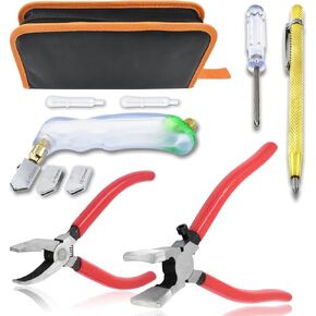 10pcs Heavy Duty Glass Cutting Tool Kit, Curve Jaw Glass Running Pliers Breaker Grozer Pliers, Pencil Style Oil Feed Carbide Tip Glass Cutter for Stained Glass Mosaics Mirror Tiles Breaking