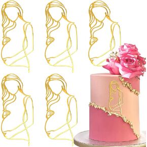 5Pcs Pregnant Women Cake Topper Pregnancy Announcement Cake Toppers Pregnancy Reveal Lady Cake Decor Acrylic Gold Cake Decorations for Women Mothers Birthday Cake Decoration Party Supplies