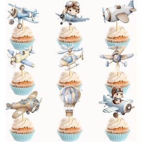 36 Pcs Airplane Cupcake Toppers, Pilot Aviation Plane Cupcake Picks, Airplane Cake Decorations for Plane Theme Baby Shower Kids Boys Birthday Party Cake Decorations Supplies