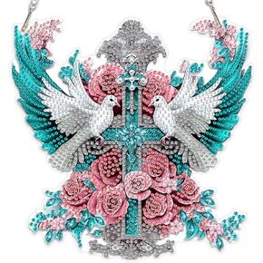 MEIYUDA Cross Diamond Painting Kits Pendant, DIY Peace Dove Diamond Art Window Hanging for Adults, Flowers Cross Special Shape Rhinestone Ornament, Crystal Gem Art Craft for Home Garden Wall Decor