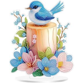 Eiflow Desktop Diamond Art Ornament Kit for Adults Blue Bird, DIY Tabletop Diamonds Painting Kit Candle Flower, Acrylic Stand Up Gem Painting Board Kit ﻿