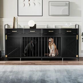 78.8" Double Dog Crate Furniture with Sliding Barn Doors, 4 Storage Spaces, Extra Large Indoor Pet Kennel for 2 Dog, Farmhouse Style Cage(Dark Gray Oak)
