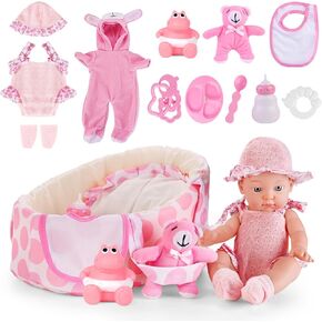 deAO Baby Doll Accessories Doll Clothes with 13in Doll Bassinet Carrier Bed Doll Accessories Baby Dolls Pillow Caring Pretend Play Set Gift for Girls Toddlers