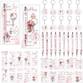 clothmile 30 Set Christian Gifts Bulk Bible Verse Ballpoint Pens Pink Bow Scripture Notebooks Bible Verse Keychain Religious Bookmarks Inspirational Church Gifts for Women Prayer Supplies (Bible, 30)