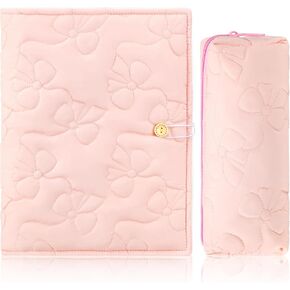 Bible Cover Case for Women with Pencil Case, 9. 5" x 7" x 2" Pink Bow Bible Book Cover for Hardcover Coquette Cotton Book Protector Christian Religious Gift Set for Women Washable and Durable