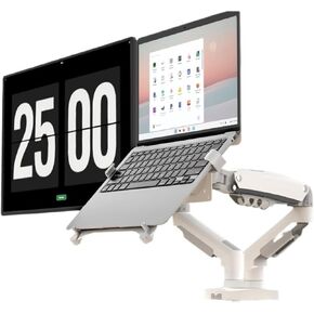 Two-in-one monitor notebook combination stand dual-screen external computer stand bracket mechanical arm desktop heightening radiator folding support suspended vertical adjustable shelf tablet(White)