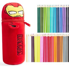 Marvel Spiderman Colored Pencils and Pencil Case 48 Pcs Color Pencil Set Art Supplies (Red Iron Man)