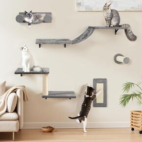 KAMABOKO Cat Wall Furniture, Wall Mounted Cats Climber, 5pcs Cats Wall Shelves, Cat Hammock, Tree, Steps, and Scratcher, Pet Furniture for Indoor - Dark Grey