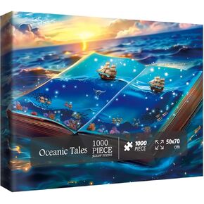 Colorful Book Ocean Art Puzzles for Adults 1000 Pieces Nature, Beautiful Plant Fish Sunset Landscape Sailboat Jigsaw Puzzles, Pretty Wildlife Scenic Fantasy Blue Puzzle
