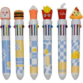 Maydahui 6 PCS 10 in 1 Shuttle Pens Retractable Multicolor Ballpoint Pen 10 Color Pens Hamburger Coke Ice Cream Bread Pizza French Fries Food Style for School Home Office