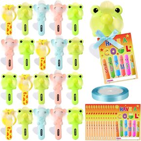 24 Sets End of School Year for Student Gifts Bulk,Mini Handheld Fan Bulk,Kids Summer Party Favors,Cute Manual Press Fans,24 Pcs Gift Cards with 1 Roll Ribbon for Student Prizes Birthday Party