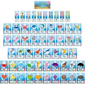 QOUBAI 57Pcs Under the Sea Alphabet Number Bulletin Board Set Ocean Letters Number Colors Shapes Poster Back to School Wall Educational Learning Card for Teacher Preschool Kindergarten Classroom Decor