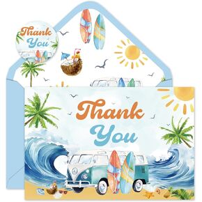 Whaline 24 Pack Surfing Thank You Cards Summer Beach Note Card with Envelopes Stickers Blue Hawaiian Greeting Blank Card for Summer Birthday Baby Shower