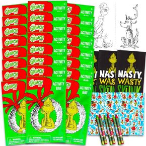 Innovative Grinch Birthday Party Favors Set - 24 Grinch Play Packs for Christmas | Mini Coloring Books, Stickers, and More for Goodie Bags