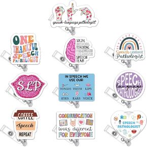 10 Pcs Speech Therapy Badge Reel Language Pathologist Badge Clip Holder Retractable Name Card Holder with Alligator Clip Funny Decorative Gifts for Teacher Nurse Doctor