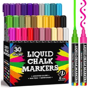 30 Pack Liquid Chalk Markers for Blackboard, Dry Erase Markers Pens for Chalkboard Calendar Window Car Glass, 6mm Reversible Tip, Dust-Free Chalk Pens for School Kids Bistro Businesses Restaurants