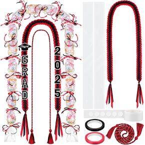 Graduation Ribbon Lei Class of 2025 Graduation Leis Kit Grad Handmade Double Braided Necklace Honor Cord with Tassel and Number Patch Set for Graduation Party School Gift (Red)