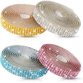 4 Rolls Crystal Rhinestone Ribbon Sticker, Self Adhesive Rhinestone Ribbon, Decorations with Rhinestones, Diamond Dust Ribbon, Bling Stickers for Crafts DIY Wedding Party Decor Bling Rhinestones Tape