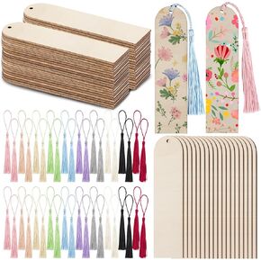 100Pcs Unfinished Wood Bookmarks with Colorful Tassels, DIY Blank Ornament Wooden Bookmarks, Arch Wooden Bookmarks for Wedding Birthday DIY Crafts Christmas(1.25 x 4.7 x 0.08 Inches)