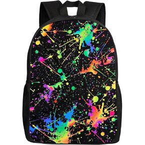 Colorful Paint Splatter Backpacks Neon Splashes Paint on Black School Bags Travel Backpacks Laptop School Bookbags Lightweight 17 inch Large Daypack Rucksack for Women Men Teens Kids
