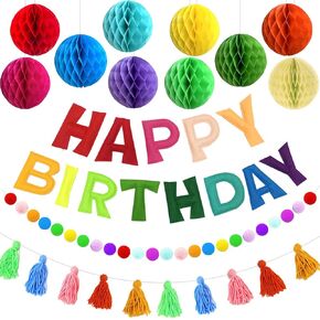 Pre-Strung Happy Birthday Banner, Rainbow Happy Felt Banner Pom Pom Party Garland, Plush Tassels, 10PCS Honeycomb Balls, Reusable Rainbow Decorations for Children's Birthday Parties