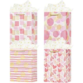 OFIHANLY 4 Pack 12.6" Medium Size Gift Bag with Handles for Women Mom Girls Kids Pink Heart Paper Gift Wrap Bags with Tissue Paper for Happy Mother's Day,Birthday,Party,Wedding, Anniversary, Baby Shower
