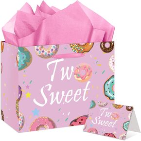 EIGHTSTATES Pink 2nd Birthday Gift Bag - Two Sweet Donut Birthday Gift Bags with Greeting Card & Tissue Paper for 2 years old, Baby Showers & Baby Girls Bday Decorations