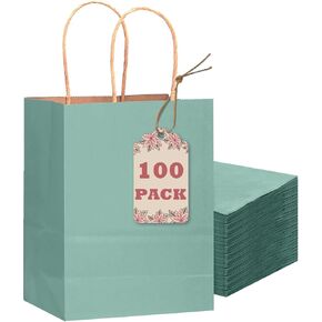 حقيبة هدايا QIQEE 100PCS مع مقابض أكياس الورق الزرقاء الفاتحة الفاتحة (8.3 "x3" x6 "حجم صغير)