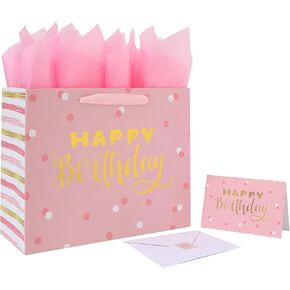 13" Large Pink Birthday Gift Bag Set with Handles, Greeting Card, Tissue Papers and Stickers for Girls Women Kids Teens, Gold Foil Happy Birthday Design, 1 Pcs
