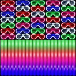Glow in the Dark Party Supplies Set Bulk Neon Party Favor Toys Includes 30 Led Light up Glasses 5 Color 30 Light up Foam Sticks Bulk for Disco Wedding Birthday Concert Halloween Raves Party