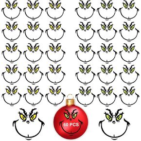 60 Pcs Christmas Decorations Stickers for Ornaments, Waterproof Vinyl Sticker for The Home, Christmas Balls, Party Supplies, Water Bottles, Yellow and Green Eyes Face Decals